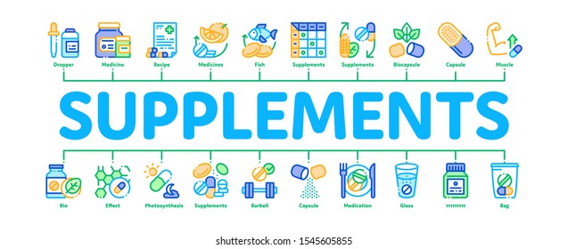 Supplements Minimal Infographic Web Banner Vector. Pills And Drugs, Plastic Container With Dropper Bio Healthcare Supplements Concept Linear Pictograms. Color Contour Illustrations