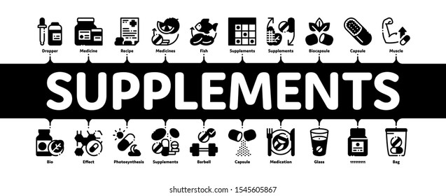 Supplements Minimal Infographic Web Banner Vector. Pills And Drugs, Plastic Container With Dropper Bio Healthcare Supplements Concept Linear Pictograms. Contour Illustrations