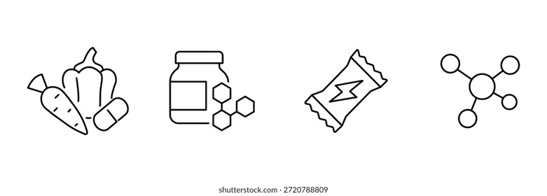 Ergänzungen Ernährung Ikone Set, pflanzliche Vitamin-Kapsel, Glas Formel Komplex, Energie Bar Snack, molekulare Inhaltsstoff Struktur Illustration.