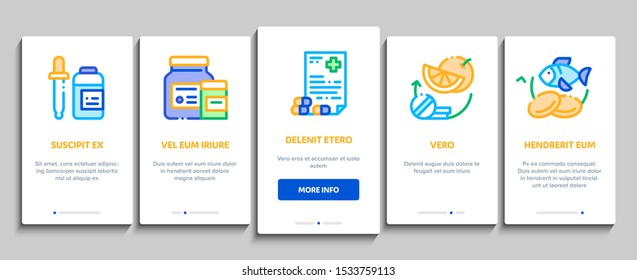Supplements Onboarding Mobile App Page Screen Vector Thin Line. Pills And Drugs, Plastic Container With Dropper Bio Healthcare Supplements Concept Linear Pictograms. Contour Illustrations