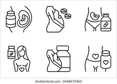 Suplementos para mulheres grávidas ícone set. Gravidez medicamentos complementares. ilustração vetorial sobre fundo branco