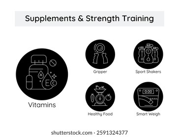 Supplements  Strength Training – Optimized Nutrition and Fitness for Maximum Performance icons with editable stroke.
