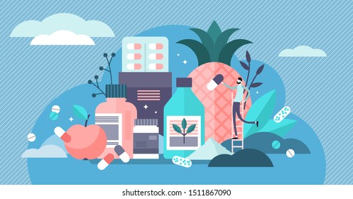 Supplements Vector Illustration. Flat Tiny Food Diet Capsule Persons Concept. Fitness And Bodybuilding Prescription Medicament As Alternative To Healthy Eating. Vitamins, Minerals And Protein Pills.