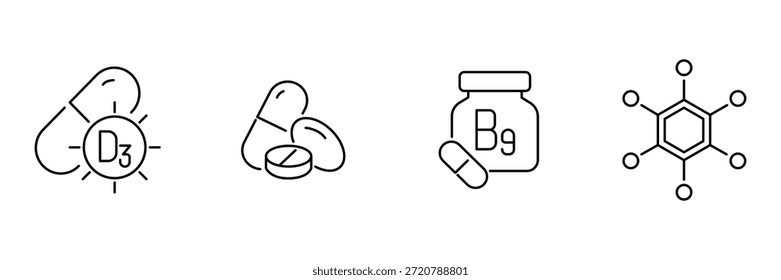 Supplements vitamin icon set, d3 capsule sun, mixed pills tablets, folate b9 bottle, chemical molecule structure illustration.