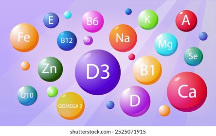 Suplementa vitaminas e minerais. Moléculas vermelhas, verdes, picantes e amarelas. Complexo para um estilo de vida ativo e saudável. Complexo multivitamínico. Cálcio e colagênio. Ilustração de vetor isométrico