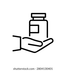 Supplements And Vitamins Outline Icon, Nutritional Support For Health And Wellness. Hand Holding Bottle Line Icon. 
