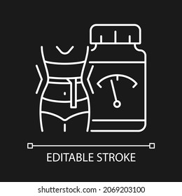Supplements for weight loss white linear icon for dark theme. Pills for staying healthy and fit. Thin line customizable illustration. Isolated vector contour symbol for night mode. Editable stroke