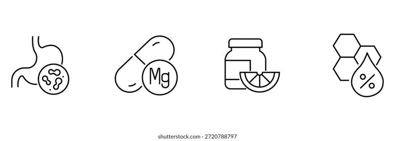 Supplements wellness icon set, probiotic gut bacteria, magnesium mg capsule, citrus vitamin c jar, honey extract percentage illustration.