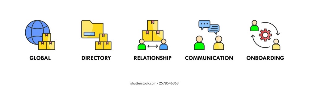 Supplier banner web icon vector illustration concept with icon of global, directory, relationship, communication ,and onboarding