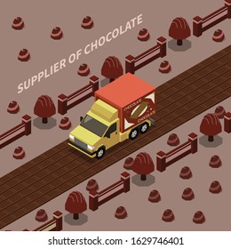 Supplier of chocolate abstract background with delivery truck traveling at chocolate road isomeric vector illustration