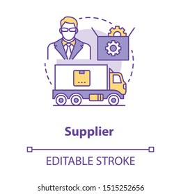 Supplier concept icon. Cargo transportation idea thin line illustration. Parcel shipping. Delivery service. Logistics and distribution. Vector isolated outline drawing. Editable stroke