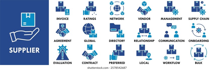 Supplier icon collection set. Containing design supplier, business, service, industry, distribution