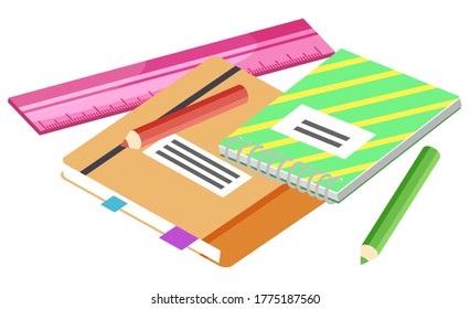 Supplier isometric, colorful notebook with pencil and ruler. Back to school, objects for writing, office equipment. Vector pupils stationery equipment for studying, exercises books and textbook