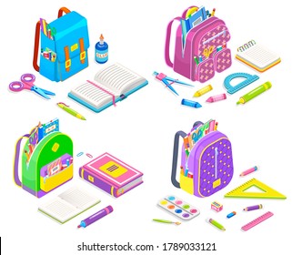 Supplier isometric, full school bag, book and pencil in luggage, ruler and scissors. Open notebook, college accessories. Back to school concept, stationary in flat cartoon design, educational tools