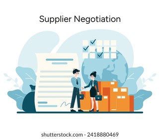 Supplier Negotiation concept. Successful business agreements and effective supply chain management for cost reduction. Flat vector illustration