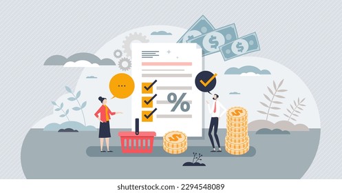 Supplier relationship and business partners communication tiny person concept. Price plan negotiation and financial agreement for regular orders vector illustration. Discount percentage management.