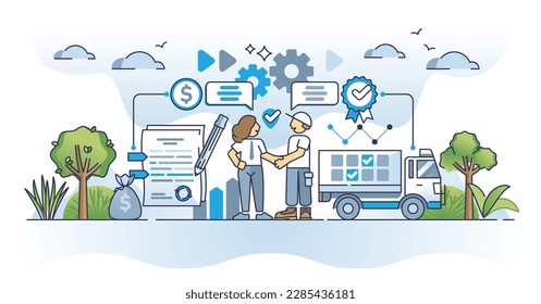 Supplier relationship and financial agreement for order plan outline concept. Scheduled shipping and routine delivery planning vector illustration. Company financial partnership and collaboration deal