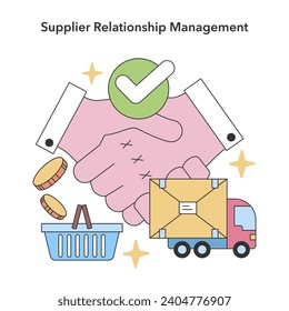 Supplier Relationship Management concept. Strong partnership handshake with efficient logistics and procurement. Trust in supply chain. Flat vector illustration.