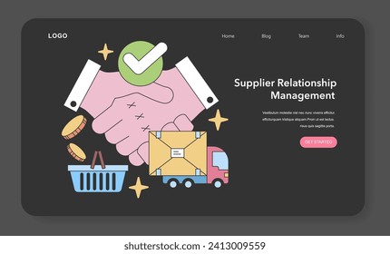 Supplier Relationship Management concept. Strong partnership handshake with efficient logistics and procurement. Trust in supply chain. Flat vector illustration.