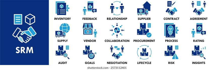 Supplier Relationship Management icon collection set. Containing design management, business, srm, strategy