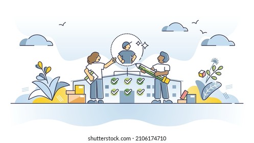 Supplier relationship management or SRM to analyze vendors outline concept. Procurement work with supplier partnership, storage, distribution or company strategy optimization vector illustration.