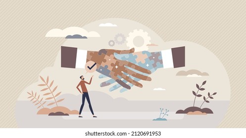 Supplier relationship management or SRM vendor analyze tiny person concept. Procurement planning or business deals strategy for organization supply partners vector illustration. Professional handshake