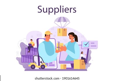 Suppliers concept. B2B idea, global logistic distribution service. Company as a customer, business partnership. Modern technologies in sales. Isolated flat vector illustration