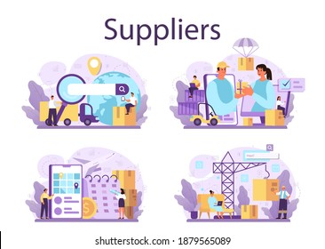 Suppliers concept set. B2B idea, global logistic distribution service. Company as a customer, business partnership. Modern technologies in sales. Isolated flat vector illustration
