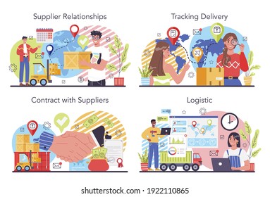 Suppliers concept set. B2B idea, global logistic distribution service. Company as a customer, business partnership. Modern technologies in sales. Isolated flat vector illustration