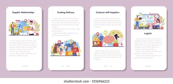 Suppliers mobile application banner set. B2B idea, global logistic distribution service. Company as a customer, business partnership. Modern technologies in sales. Isolated flat vector illustration