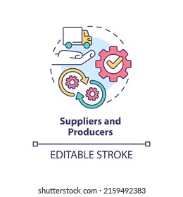 Konzeptsymbol von Lieferanten und Produzenten. Kategorie der Genossenschaftsmitglieder abstrakte Idee dünne Linie Illustration. Produktion. Einzeln Umrisszeichnung. Bearbeitbarer Strich. Arial, Myriad Pro Fett Schriftarten verwendet