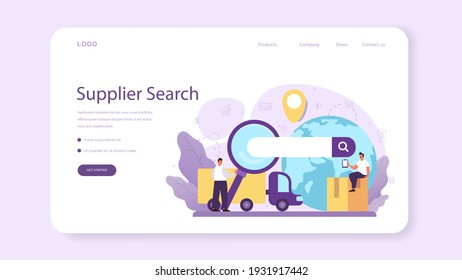Suppliers web banner or landing page. B2B idea, global logistic distribution service. Company as a customer, business partnership. Modern technologies in sales. Isolated flat vector illustration