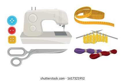 Supplies and Accessories for Sewing Isolated on White Background Vector Set