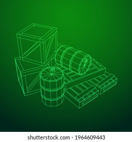Suministra concepto de carga. Cajas y barriles. Ilustración vectorial de malla baja de malla de malla de alambre.