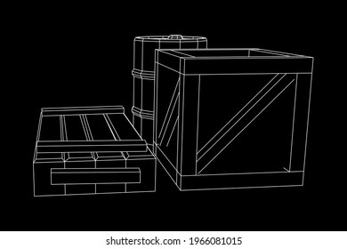 Supplies cargo concept. Pile boxes and barrels. Wireframe low poly mesh vector illustration.