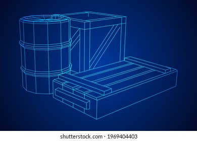 Supplies cargo concept. Pile boxes and barrels. Wireframe low poly mesh vector illustration.