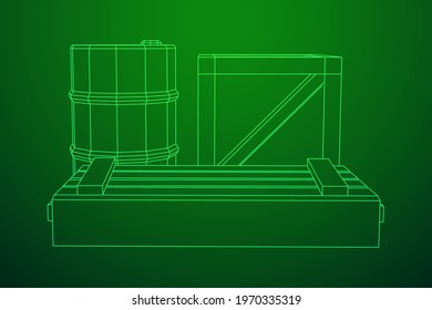 Supplies cargo concept. Pile boxes and barrels. Wireframe low poly mesh vector illustration.