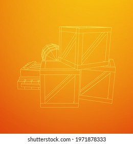 Supplies cargo concept. Pile boxes and barrels. Wireframe low poly mesh vector illustration.