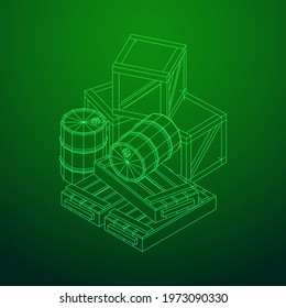 Supplies cargo concept. Pile boxes and barrels. Wireframe low poly mesh vector illustration.