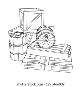Supplies cargo concept. Pile boxes and barrels. Wireframe low poly mesh vector illustration.