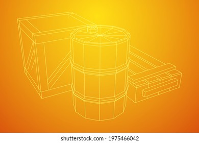 Supplies cargo concept. Pile boxes and barrels. Wireframe low poly mesh vector illustration.
