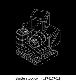 Supplies cargo concept. Pile boxes and barrels. Wireframe low poly mesh vector illustration.