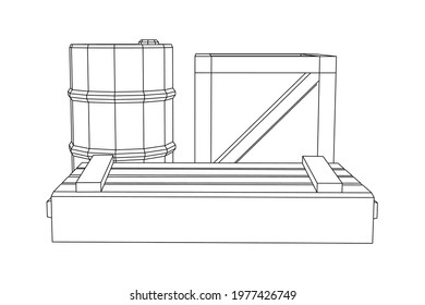 Supplies cargo concept. Pile boxes and barrels. Wireframe low poly mesh vector illustration.