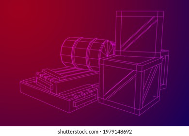Supplies cargo concept. Pile boxes and barrels. Wireframe low poly mesh vector illustration.