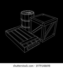 Supplies cargo concept. Pile boxes and barrels. Wireframe low poly mesh vector illustration.