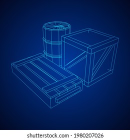 Suministra concepto de carga. Cajas y barriles. Ilustración vectorial de malla baja de malla de malla de alambre.