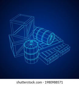 Supplies cargo concept. Pile boxes and barrels. Wireframe low poly mesh vector illustration.