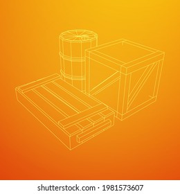 Supplies cargo concept. Pile boxes and barrels. Wireframe low poly mesh vector illustration.