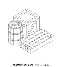 Supplies cargo concept. Pile boxes and barrels. Wireframe low poly mesh vector illustration.
