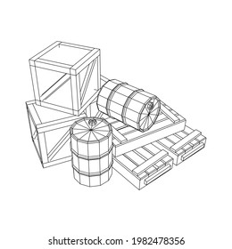 Supplies cargo concept. Pile boxes and barrels. Wireframe low poly mesh vector illustration.